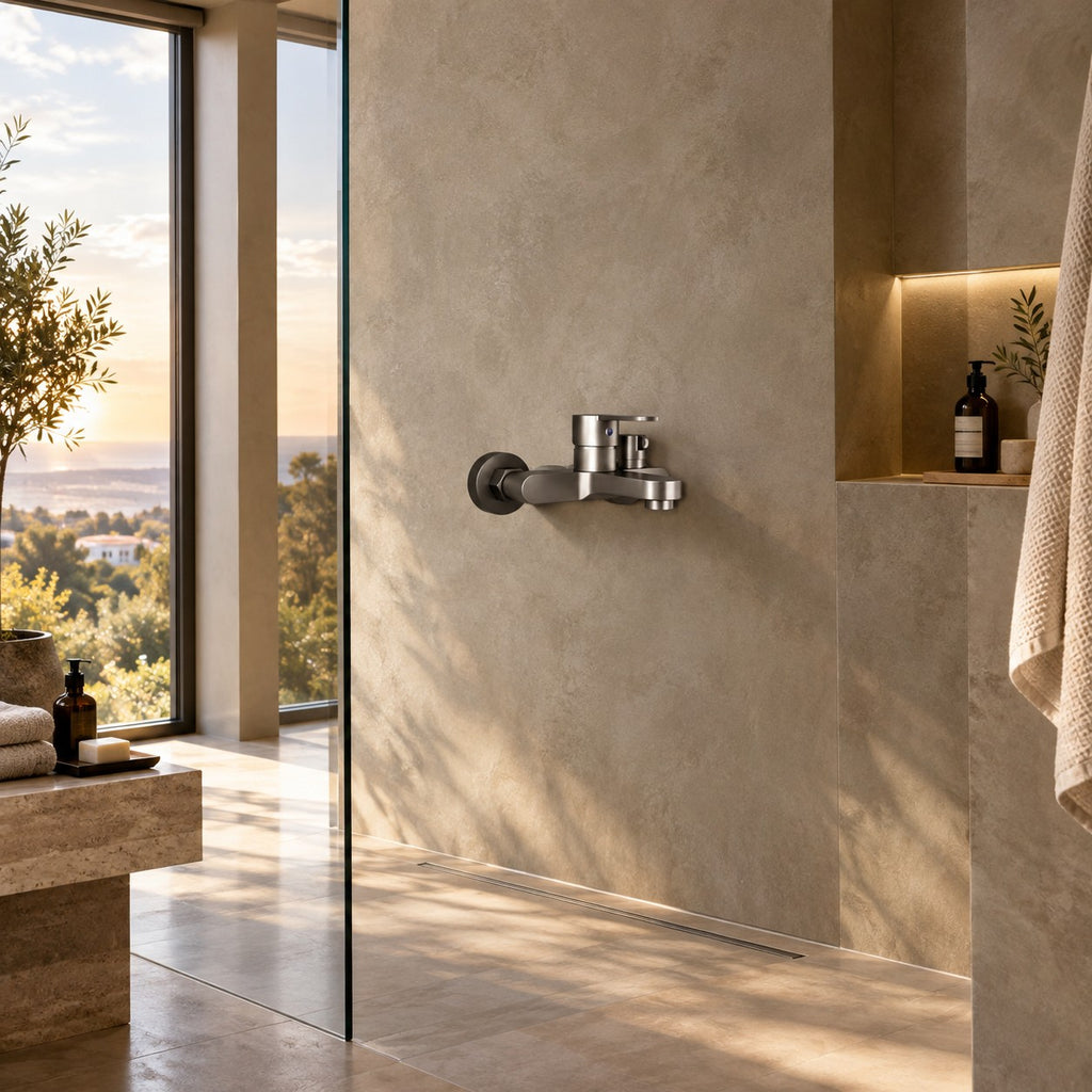 Mitigeur thermostatique douche 3 voies TERMELLI dans une salle de bain avec douche ouverte, mise en situation