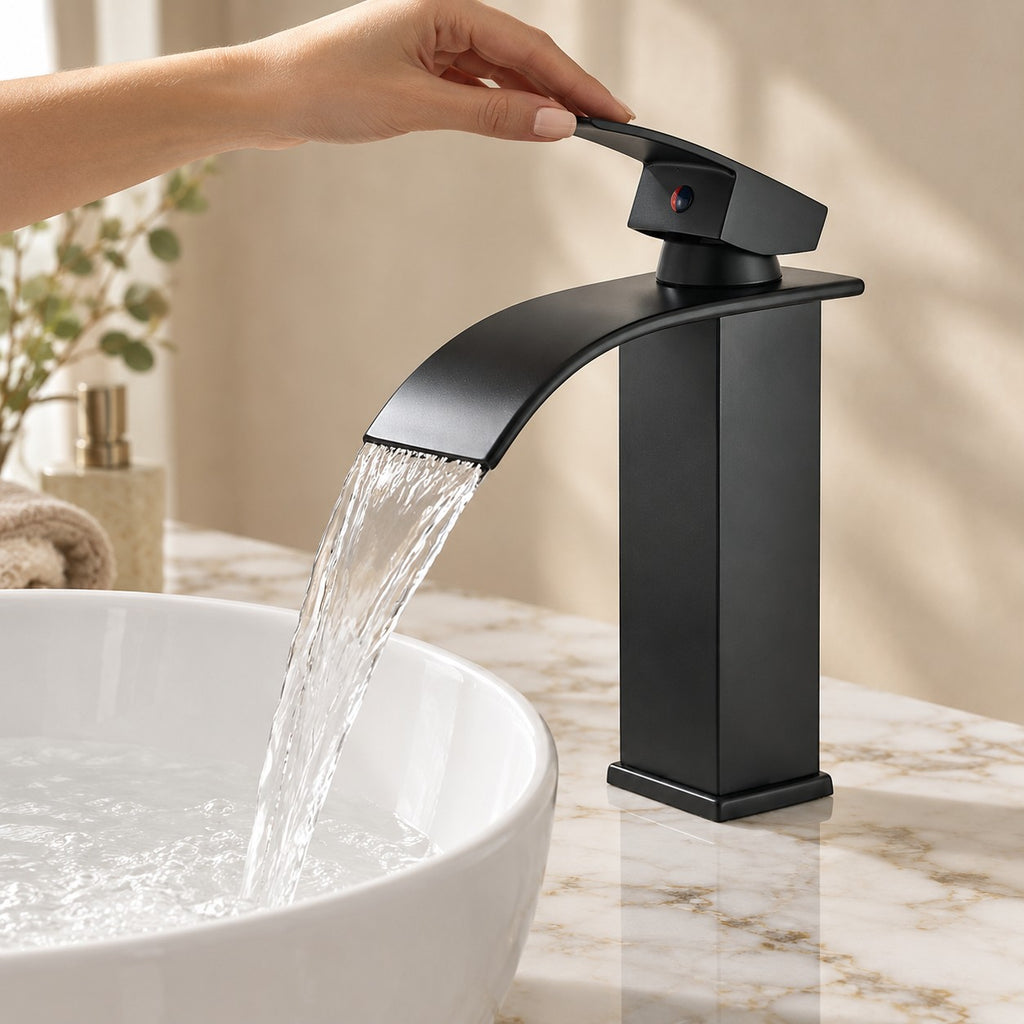 Mitigeur vasque haut cascade SEREVIO avec une main sur la commande, vasque à poser sur marbre, mise en situation