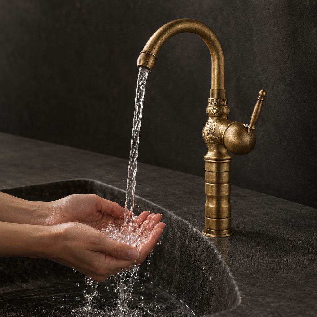 Robinet lavabo rétro en laiton FLORENZO mains sous le jet, vasque en pierre noire, mise en situation
