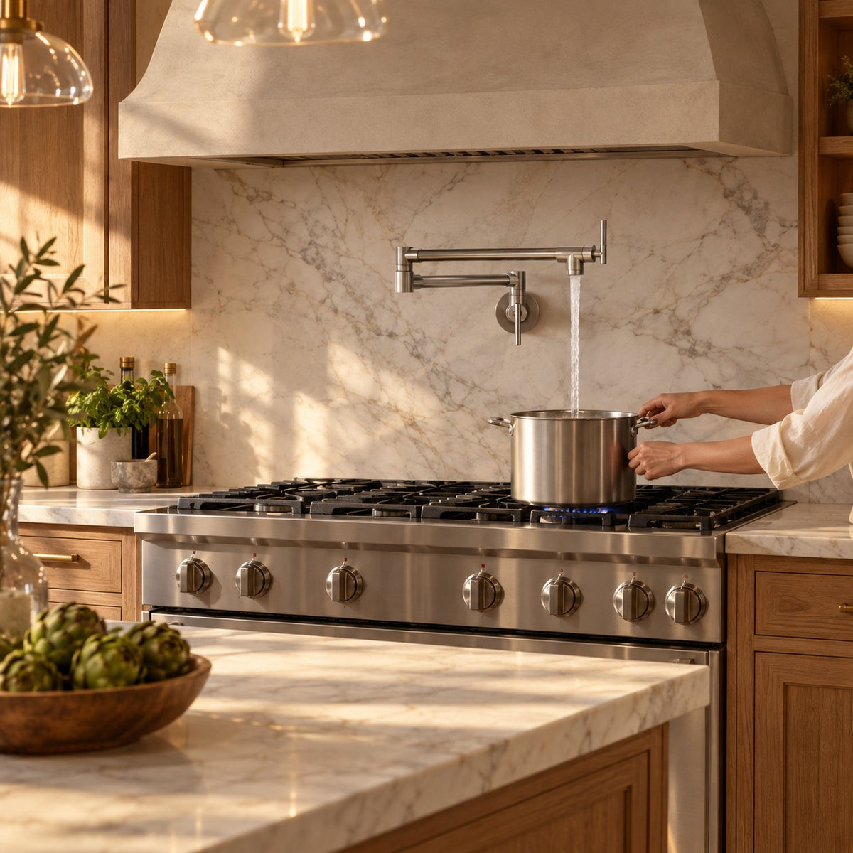 Robinet mural pliable cuisine ARVELLO dans une cuisine équipée, au-dessus de la cuisinière, mise en situation