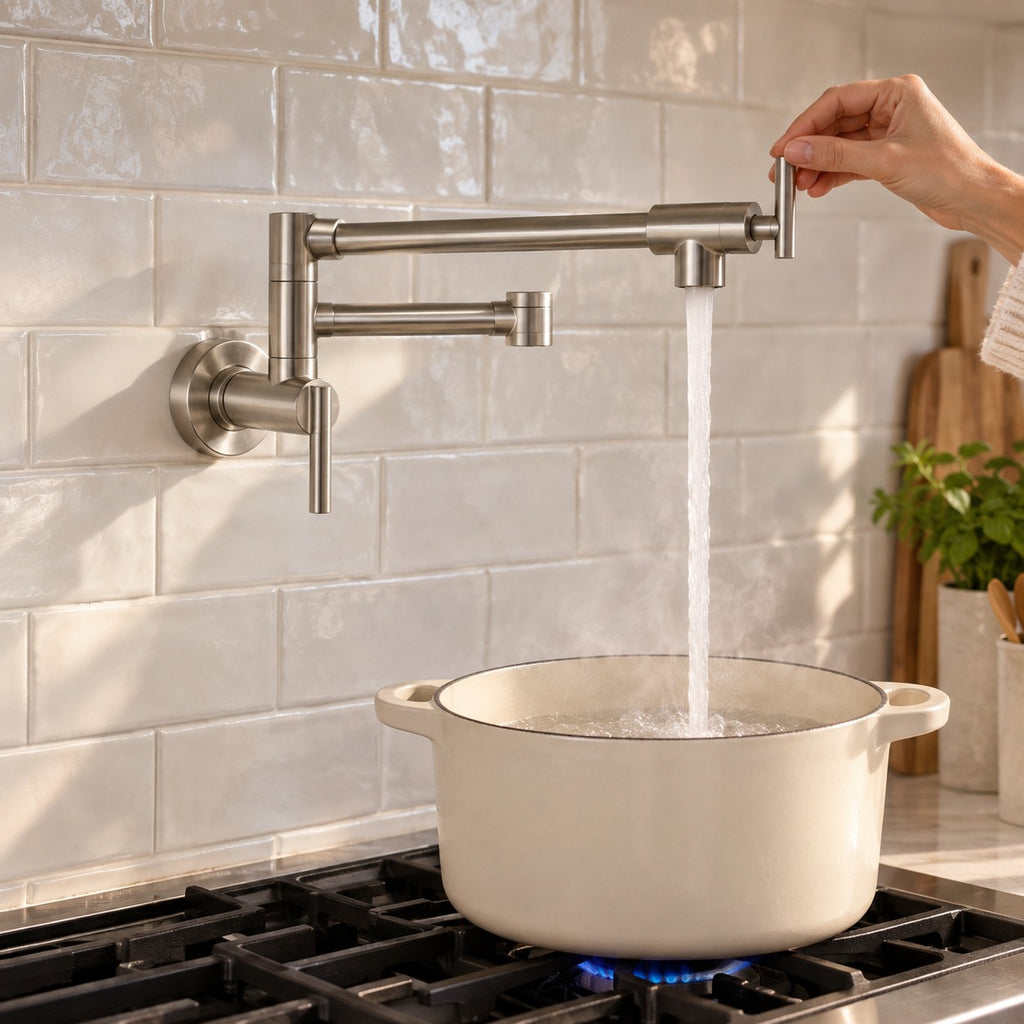 Robinet mural pliable cuisine ARVELLO avec une main sur le levier, eau versée dans une cocotte, mise en situation