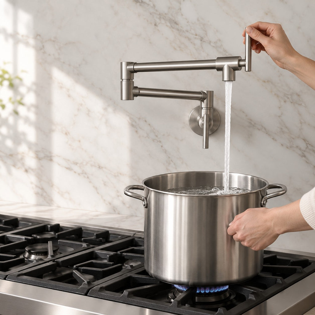 Robinet mural pliable cuisine ARVELLO bras déplié remplissant une casserole sur le feu, mise en situation