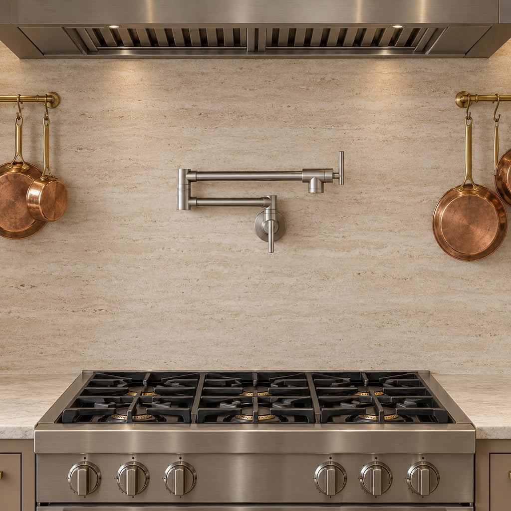 Robinet mural pliable cuisine ARVELLO replié contre le mur au-dessus d’un piano de cuisson, mise en situation
