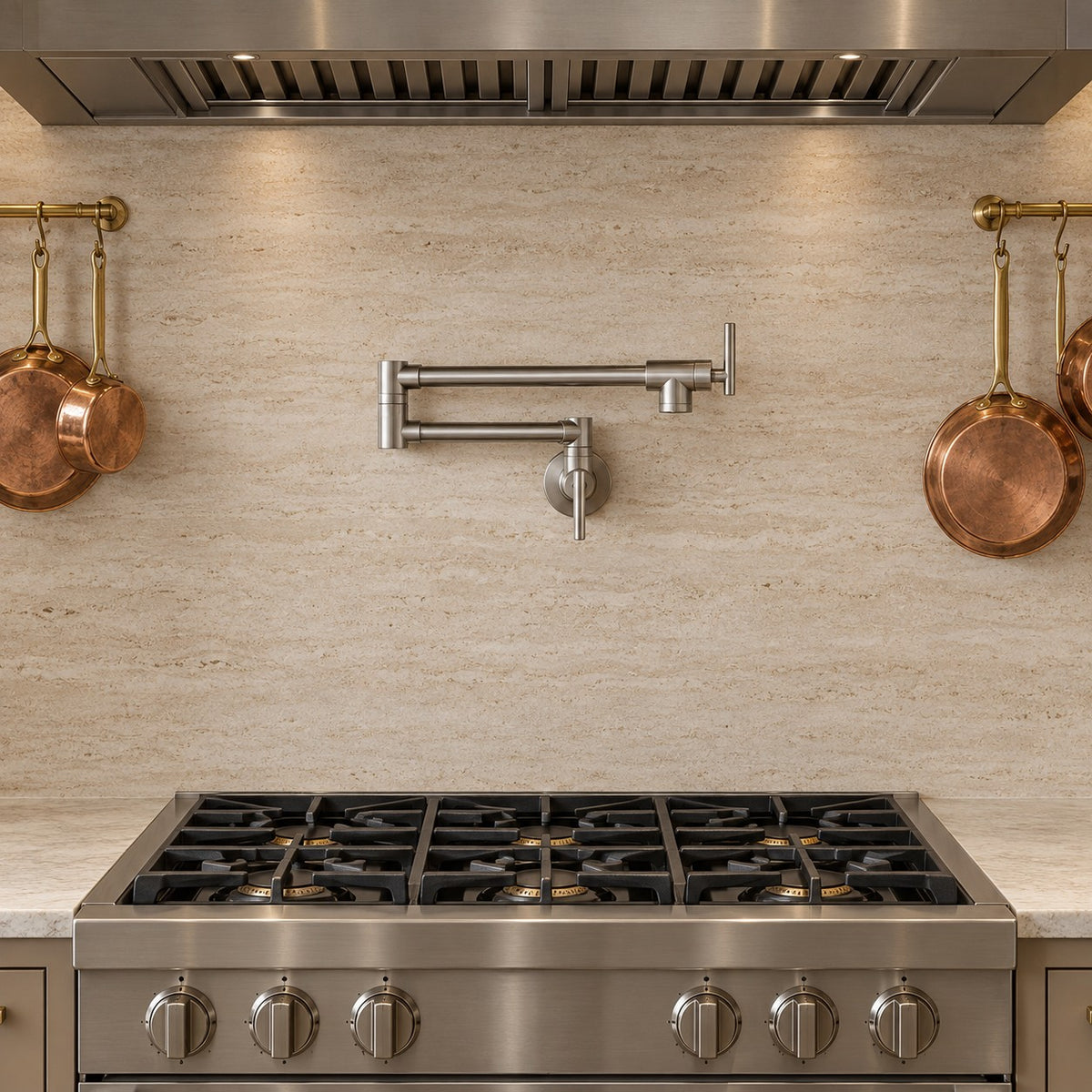 Robinet mural pliable cuisine ARVELLO replié contre le mur au-dessus d’un piano de cuisson, mise en situation