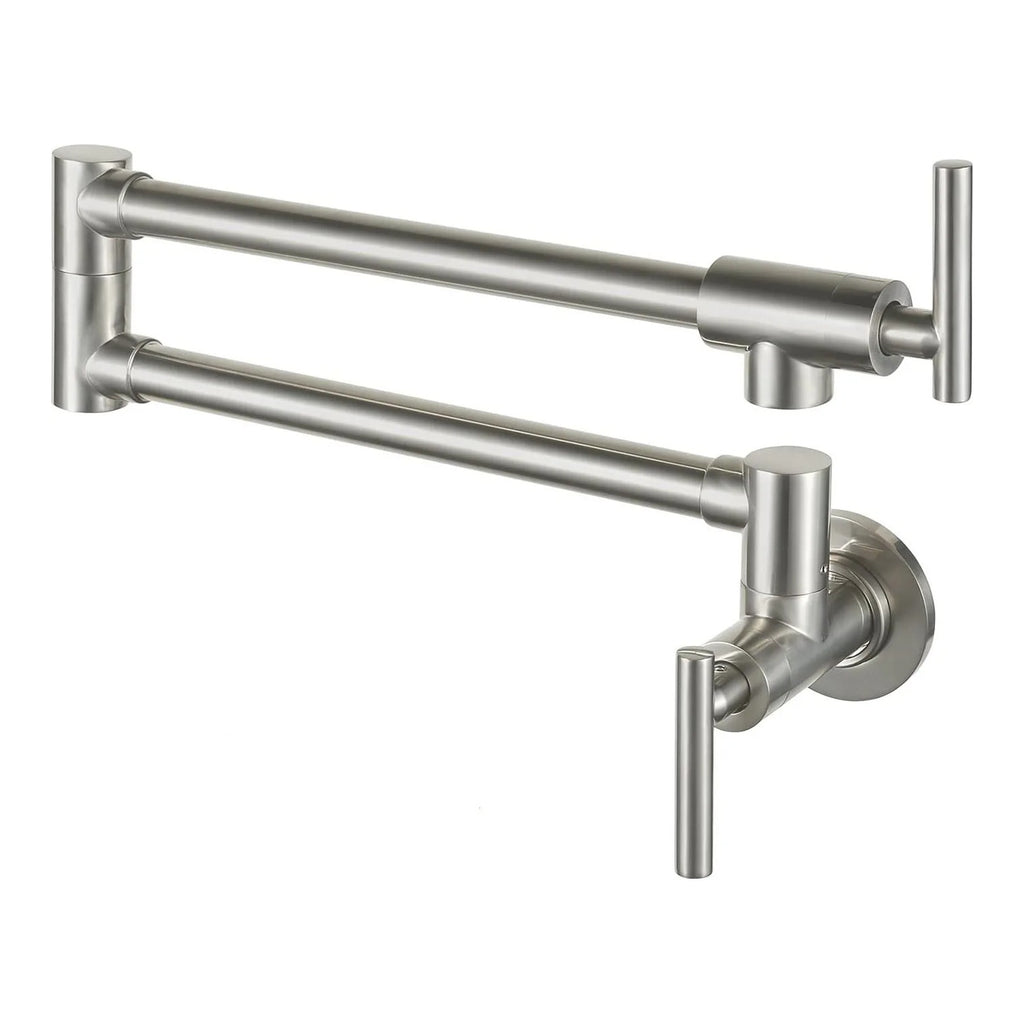 Robinet mural pliable cuisine ARVELLO, coloris inox brossé, sur fond blanc