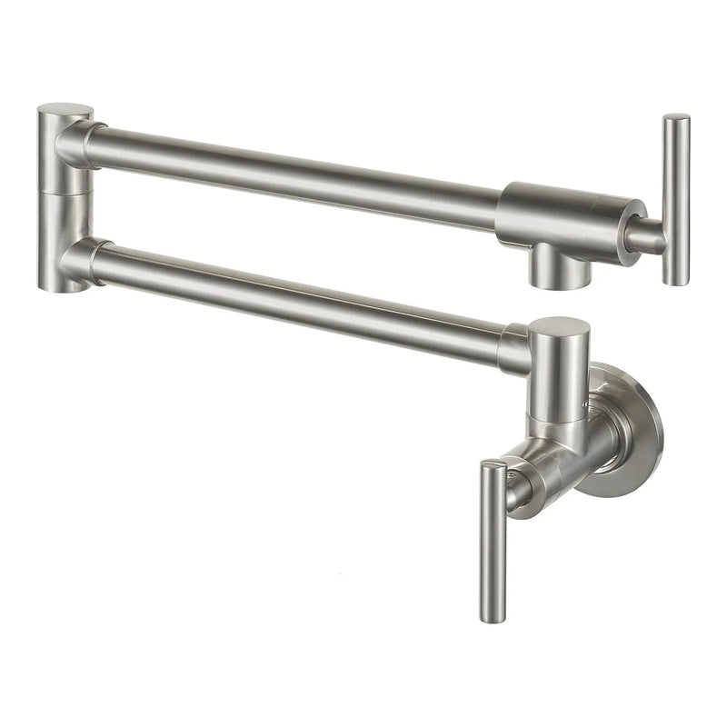 Robinet mural pliable cuisine ARVELLO, coloris inox brossé, sur fond blanc